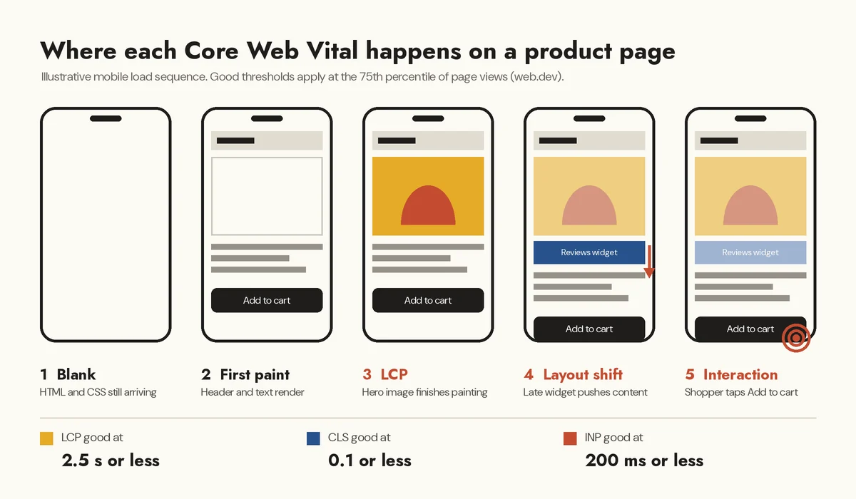 Five phone screens showing a Shopify product page loading: blank screen, first paint, hero image as the LCP moment, a reviews widget causing a layout shift, and a shopper tapping Add to cart as the INP interaction