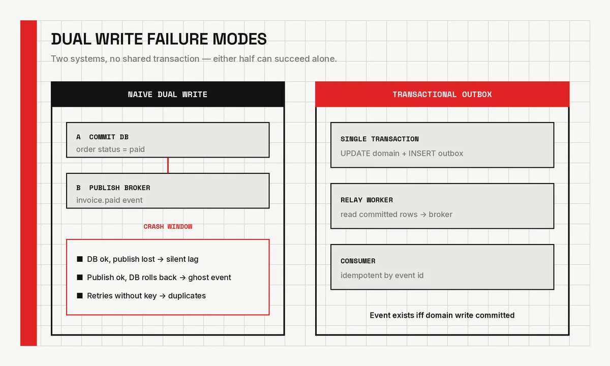 Side-by-side Swiss diagram comparing naive dual write crash windows to transactional outbox with single transaction, relay worker, and idempotent consumer