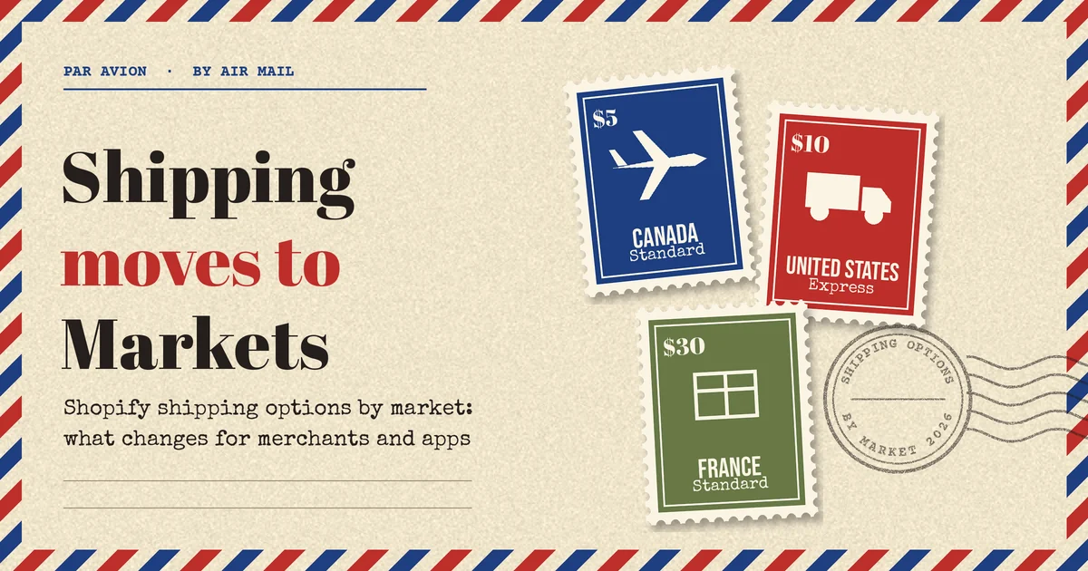 Vintage airmail envelope with Canada, United States and France postage stamps and a postmark, illustrating Shopify shipping options moving into Markets