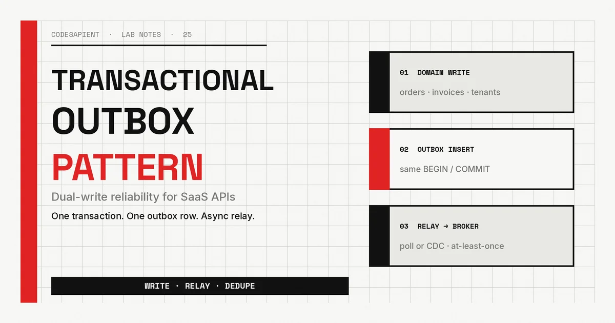 Swiss International Style poster reading Transactional Outbox Pattern with numbered blocks for domain write, outbox insert, and relay to broker