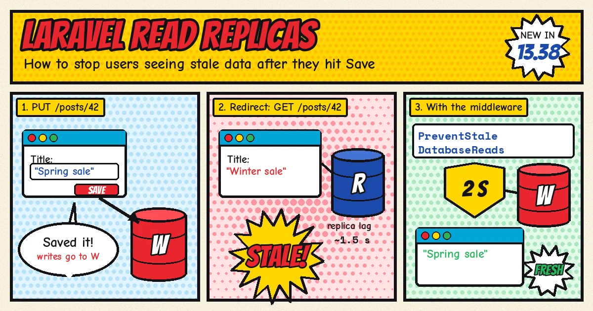 Comic book illustration of a user saving a post to the writer database, a lagging read replica returning a stale title, and the PreventStaleDatabaseReads middleware serving the fresh title