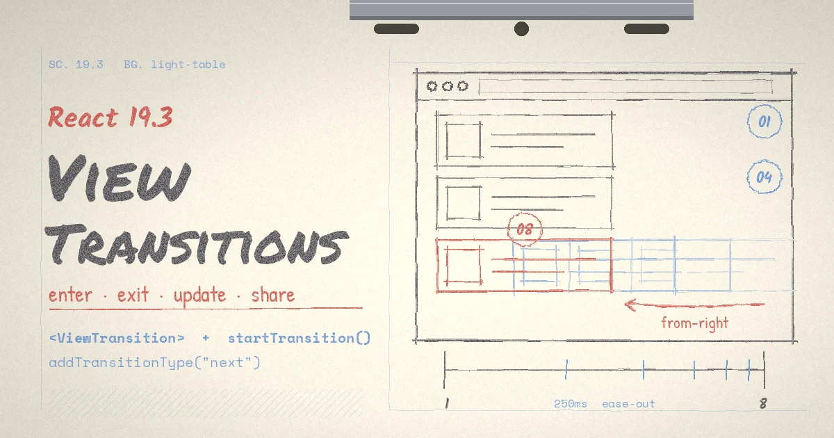Pencil animation drawing on a light table titled React 19.3 View Transitions, with a list card sliding into a sketched browser window past blue onion-skin ghost frames
