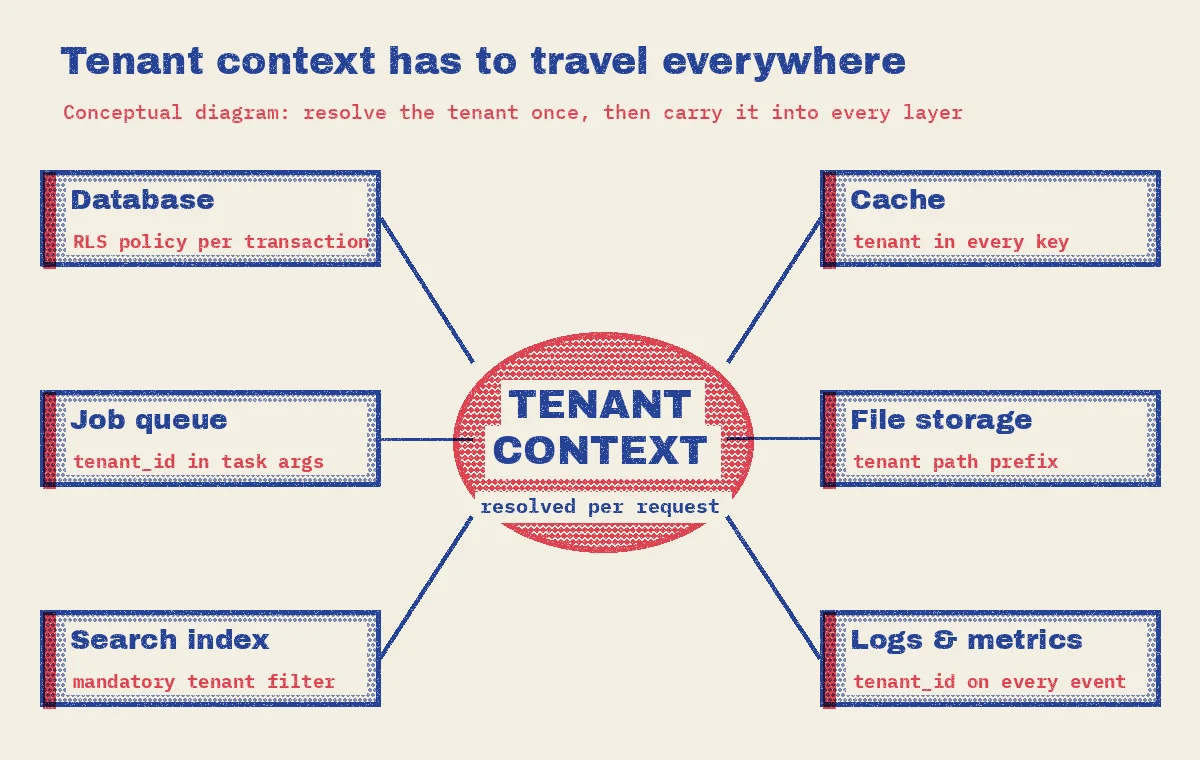 Hub diagram showing tenant context resolved per request and carried into six layers: database RLS policy per transaction, cache key, job queue task arguments, file storage path prefix, search index filter, and logs and metrics