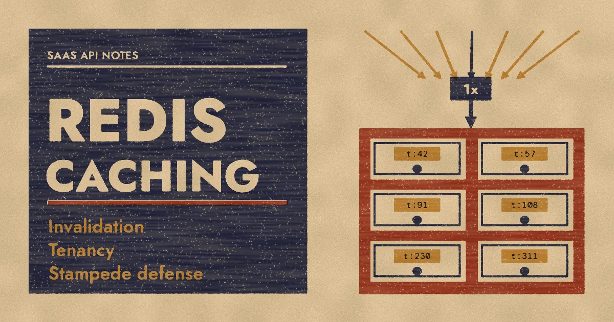 Letterpress-style poster reading Redis Caching with a card-catalog cabinet of tenant drawers and many request arrows merging into one