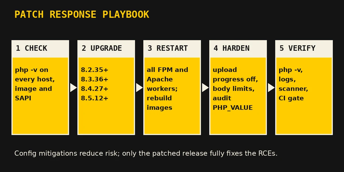 Five-step PHP patch response playbook on hazard-yellow cards: check versions, upgrade to 8.2.35, 8.3.36, 8.4.27 or 8.5.12, restart workers and rebuild images, harden configuration, verify