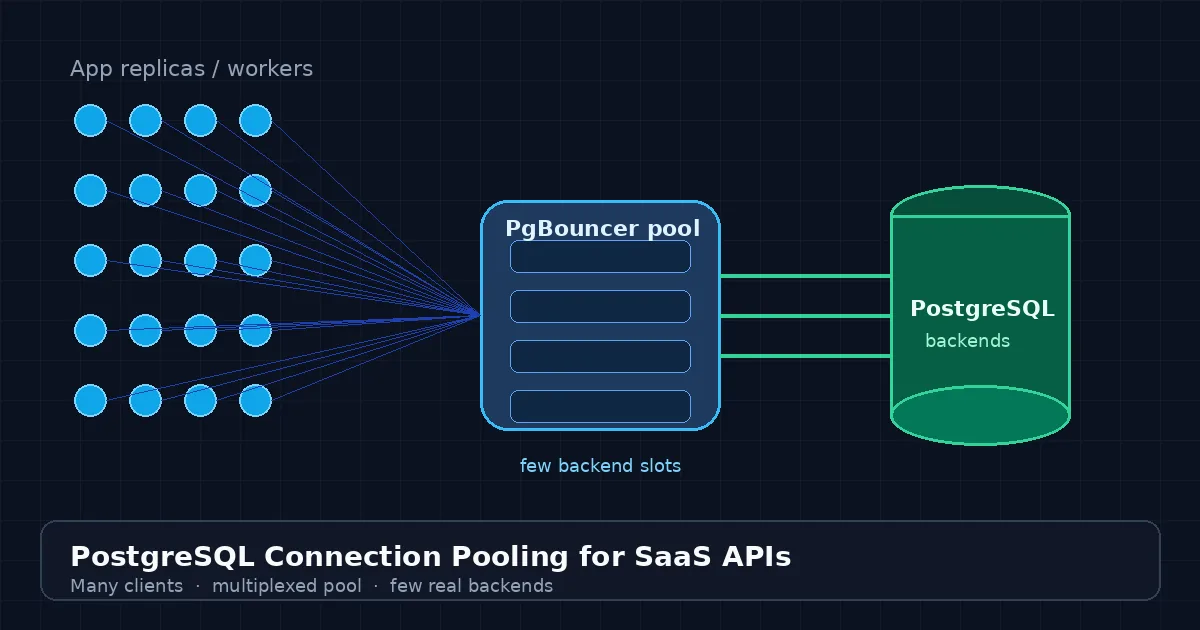 Geometric multiplex diagram: SaaS app clients through PgBouncer onto few PostgreSQL backends